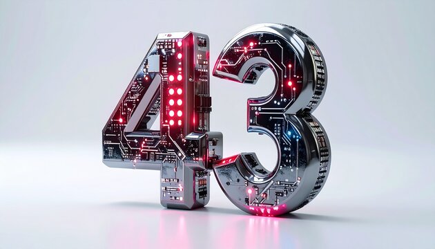 Futuristic cybernetic number forty three with metallic design and glowing red circuits