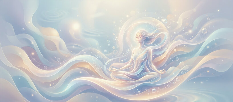 Meditating Figure Surrounded By Ethereal Light Waves