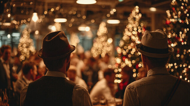 Workers celebrate Christmas at a corporate event with decorations and lights in a festive setting during the holiday season