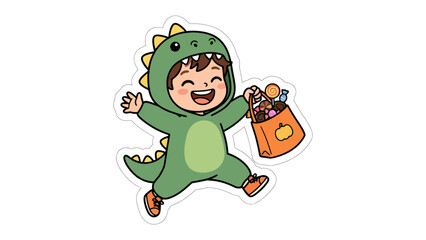 Naklejka premium Happy Halloween Dinosaur Costume: A joyful child dressed in a cute dinosaur costume, holding a trick-or-treat bag brimming with candy, celebrates the spirit of Halloween with an excited leap.