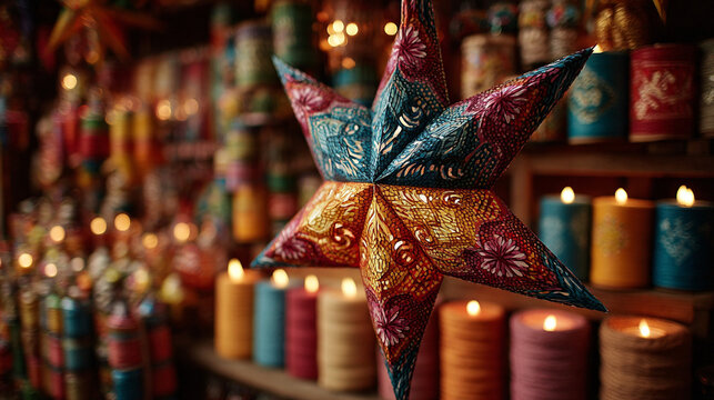 Piata candles and Christmas decorations in a vibrant market in Mexico