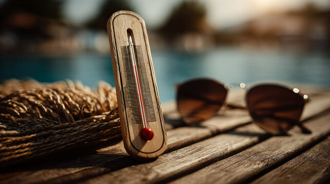 Summer heat with a thermometer and sunglasses by the poolside