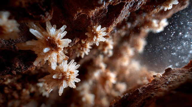 Stologmites grow in a cave showing unique formations and natural light effects