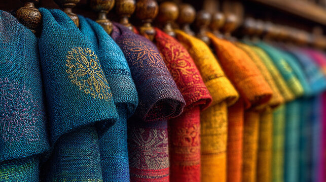 Textiles from India on display in a market during daytime showing vibrant colors and intricate designs