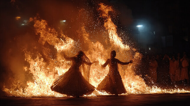 Dushehra celebration with dancers performing near a large fire at night