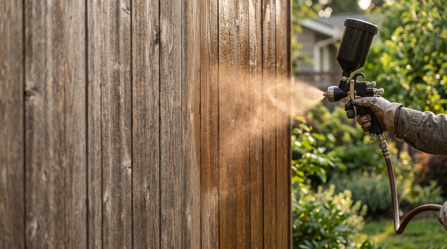 Person spraying wood stain onto fence with spray gun outdoors