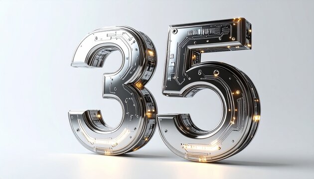 Futuristic metallic number thirty-five with intricate mechanical details and glowing lights on a white background