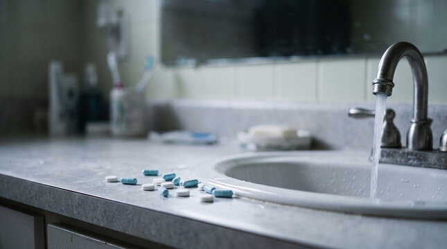 Scattered pills on bathroom counter near running faucet and sink