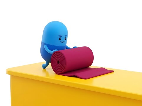 Cute blue pill character rolling out a yoga mat for exercise