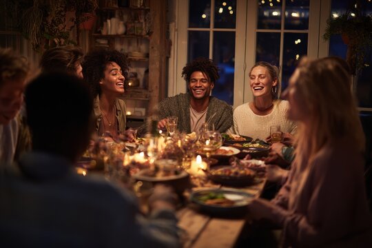 Diverse friends sharing dinner in cozy home setting.
