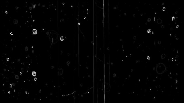 Large white holes dots and interference lines on a black background. Retro film effect inspired by the 1950s and 1960s for overlay in Full HD.