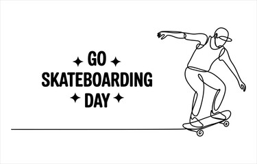 Continuous single line drawing of a person riding a skateboard with the text go skateboarding day for a creative sports event poster or social media graphic © DCB Line Stocker
