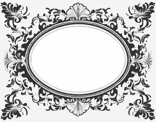 Obraz premium Elegant black and white ornate oval frame with intricate floral and baroque-style details on a white background. Perfect for vintage designs, invitations, or decorative projects. Vector .