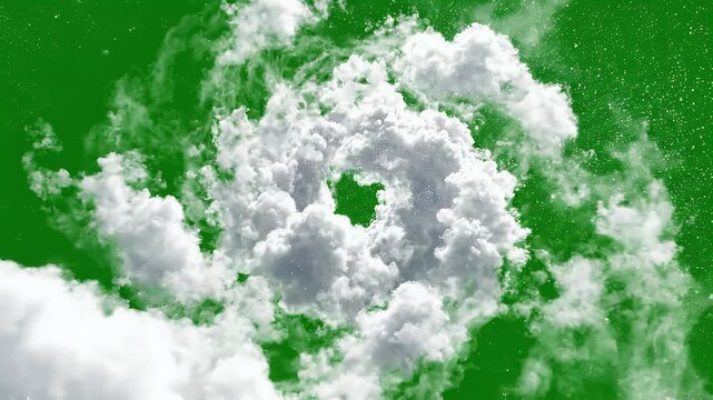 Swirling Cloud Vortex Whirlwind Green Screen. A dramatic swirling vortex of white clouds forming a circular hurricane or tornado shape with spinning mist particles on a chroma key green screen.