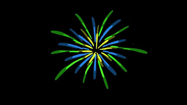 Colorful lines move outward in a circular pattern on a black background. Hand-drawn pink and yellow fireworks animation in Full HD.