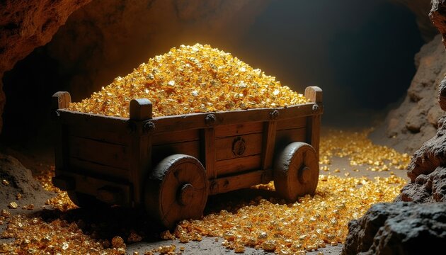 Wooden mine cart overflows with glittering gold nuggets. Piled high with precious metal, it sits in a dark cave. Scattered nuggets surround the cart on the rough ground. Rich discovery.