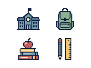 Fototapeta premium Retro Pixel Art Back to School Education and Student Life Icons Set Vector