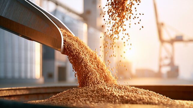 Soybeans pouring from grain auger during harvest at agricultural storage and grain handling facility