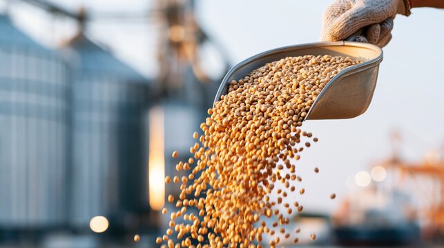 Freshly harvested soybeans pouring from scoop during grain handling at agricultural storage facility