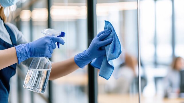 Commercial janitorial worker cleaning office glass with microfiber cloth and disinfectant spray