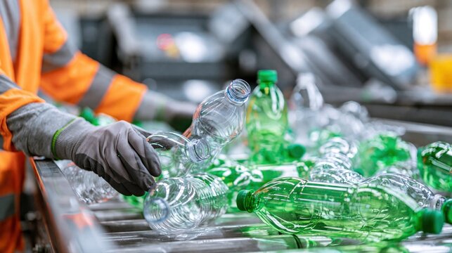 Industrial worker sorting empty plastic bottles on conveyor belt at recycling facility