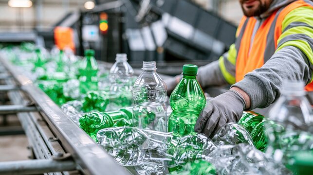 Worker sorting plastic bottles on recycling conveyor belt at waste recycling facility