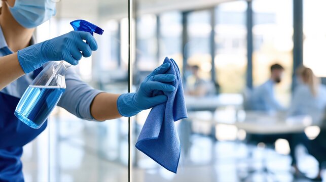 Professional office cleaner disinfecting glass partition with spray bottle during commercial cleaning service