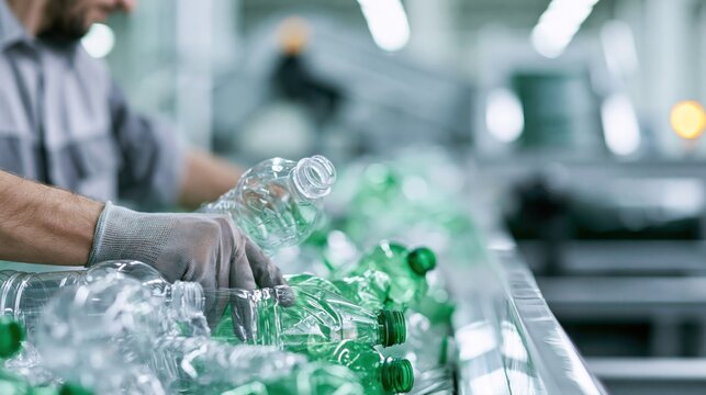 Worker sorting recyclable plastic bottles on conveyor belt in modern recycling plant