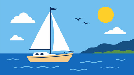 Fototapeta premium Sunny sailboat cruising across calm blue water with white sails, clouds, seabirds, distant green hills and bright yellow sun, cheerful coastal travel vector illustration for summer