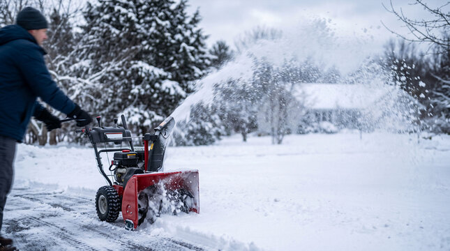 Man clearing snow with snowblower on driveway in winter landscape
