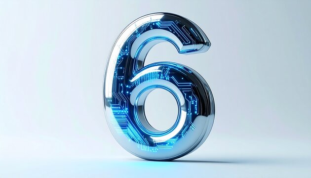 Futuristic Chrome Number Six with Glowing Blue Circuitry Patterns for Digital Tech Concepts