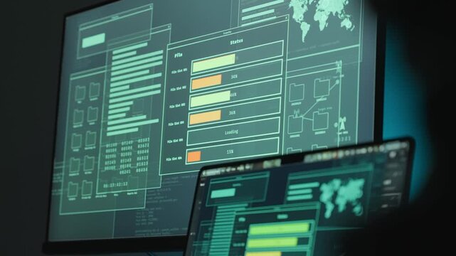 Laptop and computer screen uploading data and files to remote server by hacker. Illegal cyber crime activity or spy sending and transferring documents and top secret intelligence to government agency