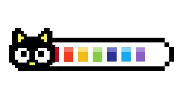 Vibrant pixel art black cat head integrated into a classic retro-style progress bar, showcasing a colorful rainbow spectrum signifying loading, achievement, or digital progress