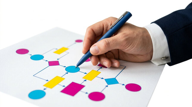 Close-up hand drawing colorful business workflow diagram on white paper with blue pen, concept for project management and planning, business strategy and organization