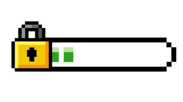 Pixelated security progress bar with locked yellow padlock and green indicator, symbolizing secure digital system progress and data loading status