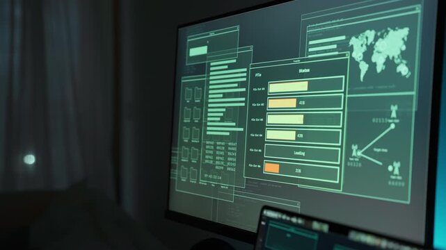Computer monitor with data transfer graphics sending or uploading files and docs. Hacker or spy transferring encrypted top secret private information or security breach of government remote server