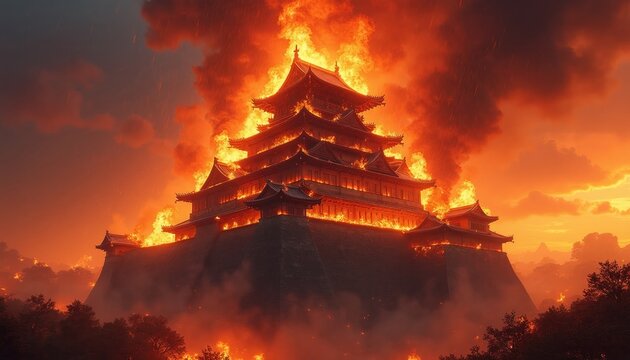 Ancient Japanese castle engulfed in raging inferno. Massive flames consume traditional wooden architecture during night. Smoke billows from burning rooftop of pagoda structure. Historic fortress