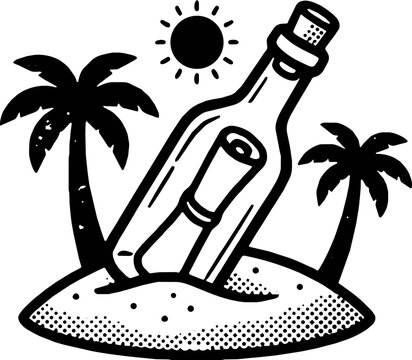Message in a glass bottle on sand island Retro 1-color SVG vector illustration castaway survival