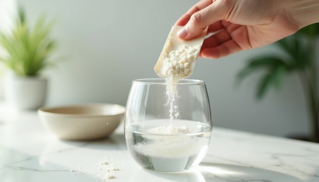 Person hand pours white fiber supplement powder into glass filled with water. Healthy diet drink prepares in kitchen on marble surface. Morning routine includes natural vitamin mix for daily