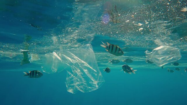 Close-up of Indo-Pacific sergeants swimming among transparent plastic debris, eating fatty film from oily layer on water surface, beneath bright rays of midday sun in sun glare, backlighting