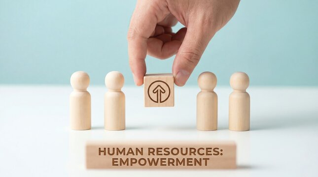 Hand placing wooden block with growth arrow into employee lineup