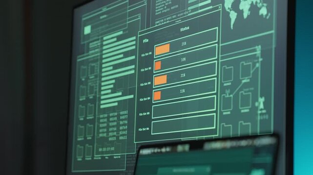 Process bar uploading files to remote online cloud server on computer monitor. Dark web activity by hacker or spy. Breaking and breaching security system and stealing private information using FTP app