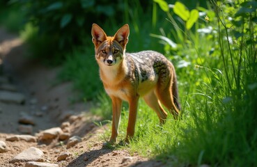 Fototapeta premium Wild corsac fox stands on dirt trail in green summer forest. Small mammal looks at camera in natural habitat. Brown predator rests near grassy field during sunny day. Fox portrait shows orange fur