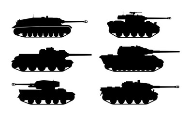 Obraz premium Military Tank Silhouettes Collection: Armored Vehicles, Combat Machines, War Equipment Icons