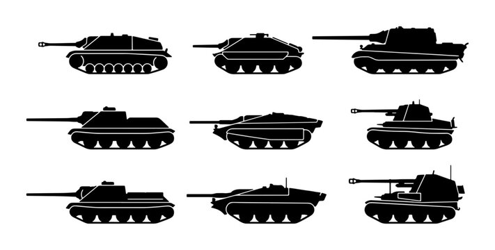 Military Tank Silhouettes Collection, Armored Vehicle Icons, War Machine Vector Set, Combat Equipment Graphics