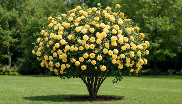 A beautiful large rose bush covered in vibrant yellow blooming flowers standing in a green garden landscape transparent background