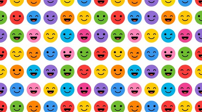 Seamless pattern texture of colorful rounded emoji faces on white background for packaging and print design
