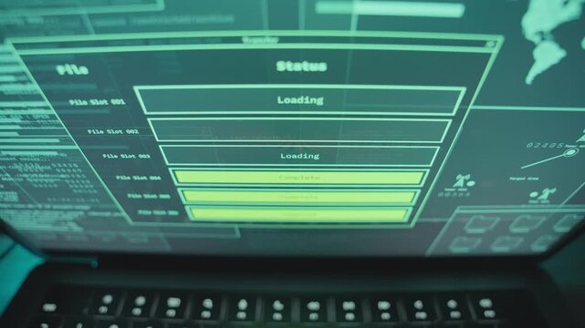 Close up on laptop uploading and sending files and data to cloud at night. Mysterious dark web cyber activity by hacker or spy. Stealing government information with security breach or exposing secrets