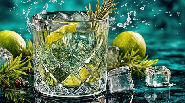 Luxury gin commercial photography, premium crystal gin glass with botanical gin