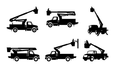 Bucket Truck Icons Set, Aerial Platform Vehicle Silhouettes, Utility Truck Vector Graphics © Dev